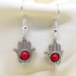Hand of Fatima Earrings, 4 mm Coral and Hamsa Hand - Image 2