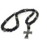 Victor, Men's Necklace, Hematite Cross, Matte Onyx and 12 mm Hematite Beads