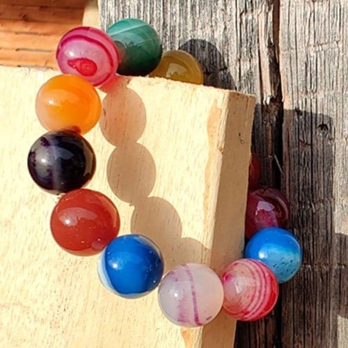 agate-colorful-14mm1 Striped Multicolor Agate Bracelet, 14 mm Beads - Image 1