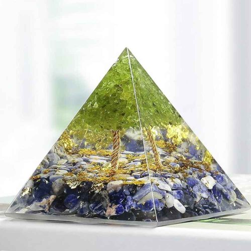 Protective "Tree of Life" Orgonite Pyramid with Peridot and Lapis Lazuli - Image 2