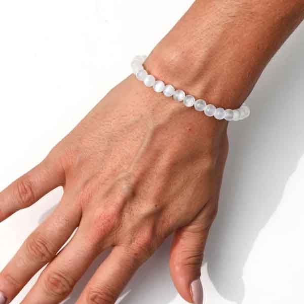 selenite-grivna Selenite, Class A, Natural Stone, Stretch Bracelet - Image 1