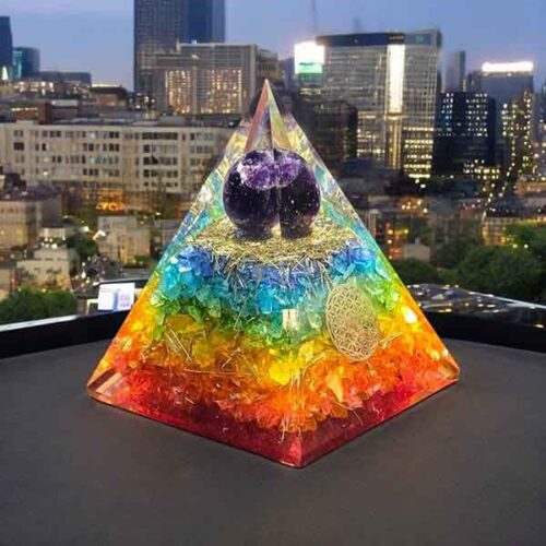 Protective Seven Chakras Orgonite Pyramid with Amethyst Sphere - Image 2