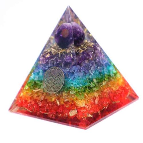 Protective Seven Chakras Orgonite Pyramid with Amethyst Sphere - Image 3