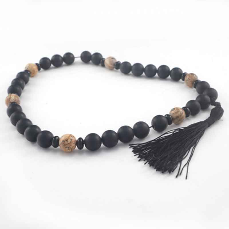 Prayer Beads, “Guardian of Silence”, Matte Onyx, Picture Jasper, 12 mm