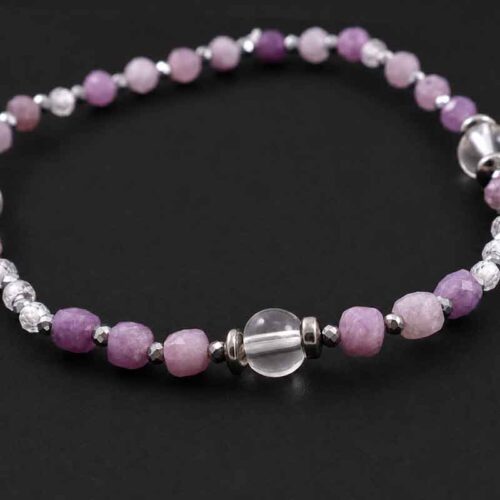 Silent Clarity – Bracelet with Lepidolite, Clear Quartz, White Cubic Zirconia and Hematite - Image 7