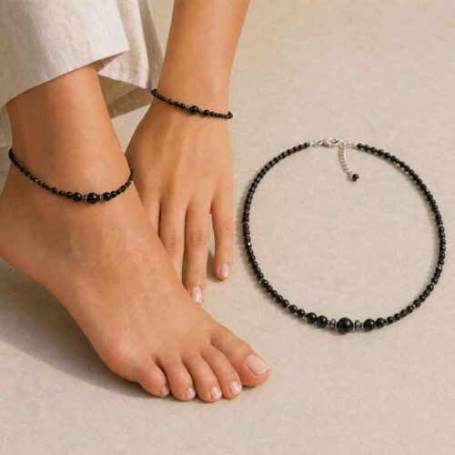 “Night Contour” Anklet with Grade A Black Tourmaline and Hematite – Cubes and Faceted Beads - Image 10