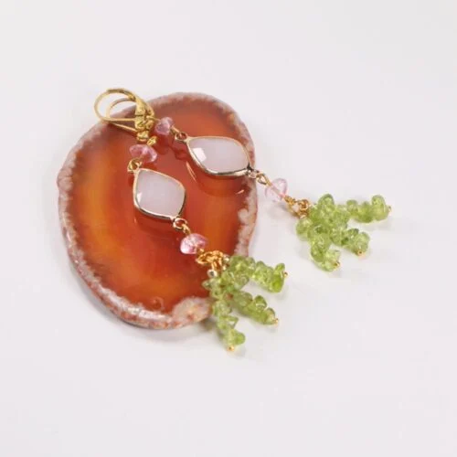 Spring Fairy, Earrings, Peridot, Cherry Quartz, Chips, Crystal - Image 2