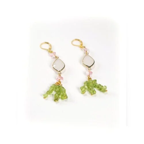 Spring Fairy, Earrings, Peridot, Cherry Quartz, Chips, Crystal - Image 3