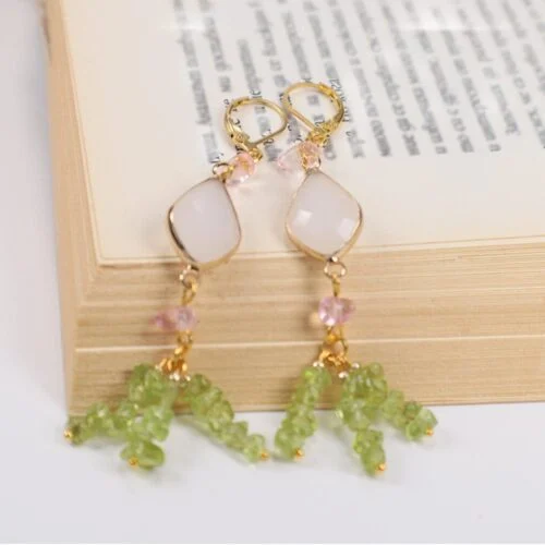 Spring Fairy, Earrings, Peridot, Cherry Quartz, Chips, Crystal - Image 6