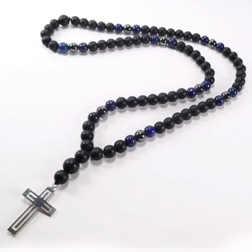 Centaur, Men's Necklace, Matte Onyx, Lapis Lazuli, Hematite, Steel Cross - Image 4