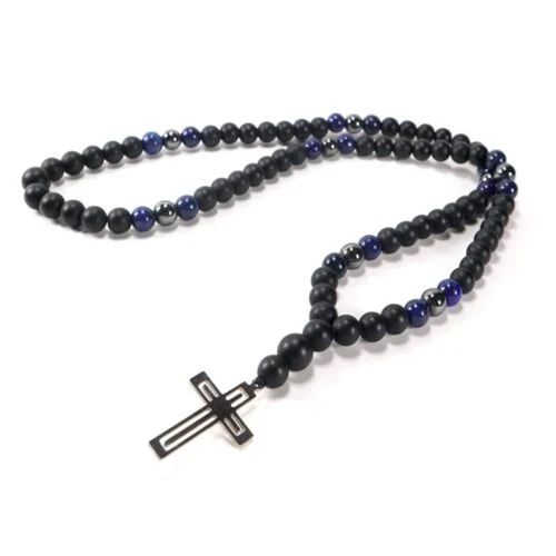 Centaur, Men's Necklace, Matte Onyx, Lapis Lazuli, Hematite, Steel Cross - Image 8