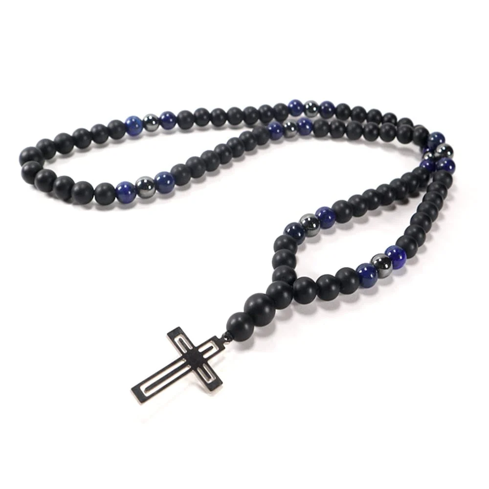 onyx-krust-stomana-lapis66 Centaur, Men's Necklace, Matte Onyx, Lapis Lazuli, Hematite, Steel Cross - Image 1