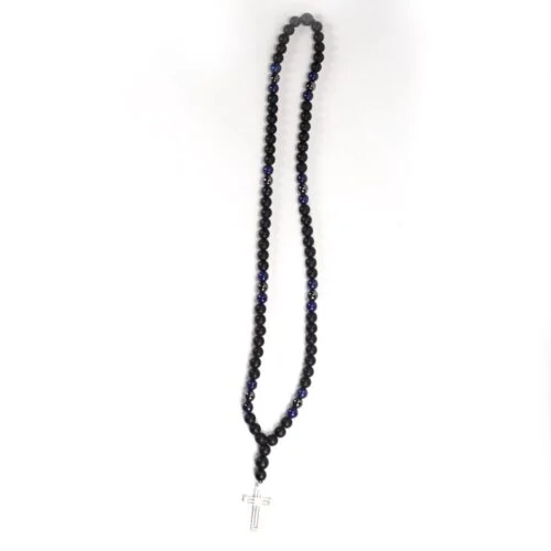 Centaur, Men's Necklace, Matte Onyx, Lapis Lazuli, Hematite, Steel Cross - Image 6