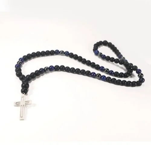 Centaur, Men's Necklace, Matte Onyx, Lapis Lazuli, Hematite, Steel Cross - Image 2
